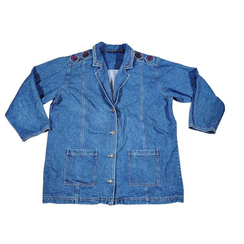 Vintage Beaded 100% Cotton Embroidered Denim Button Up Jacket Coat Sz 26 W Boho